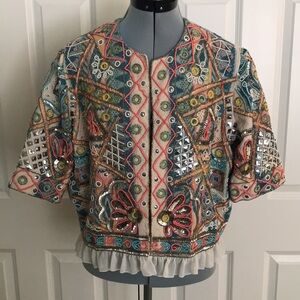 New La Bellum Hillary Scott Beaded Sequin Tapestry Southwest Jacket Coral Tur…